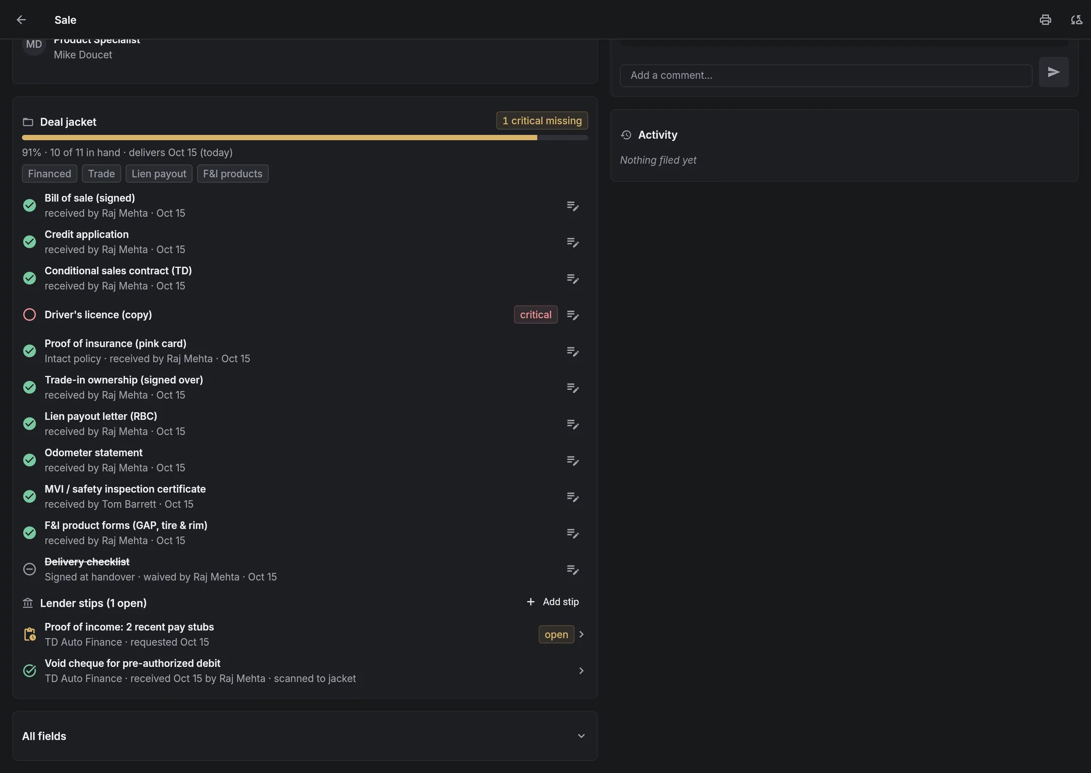 Hexxy deal jacket: items received, one critical item missing, an open lender stip